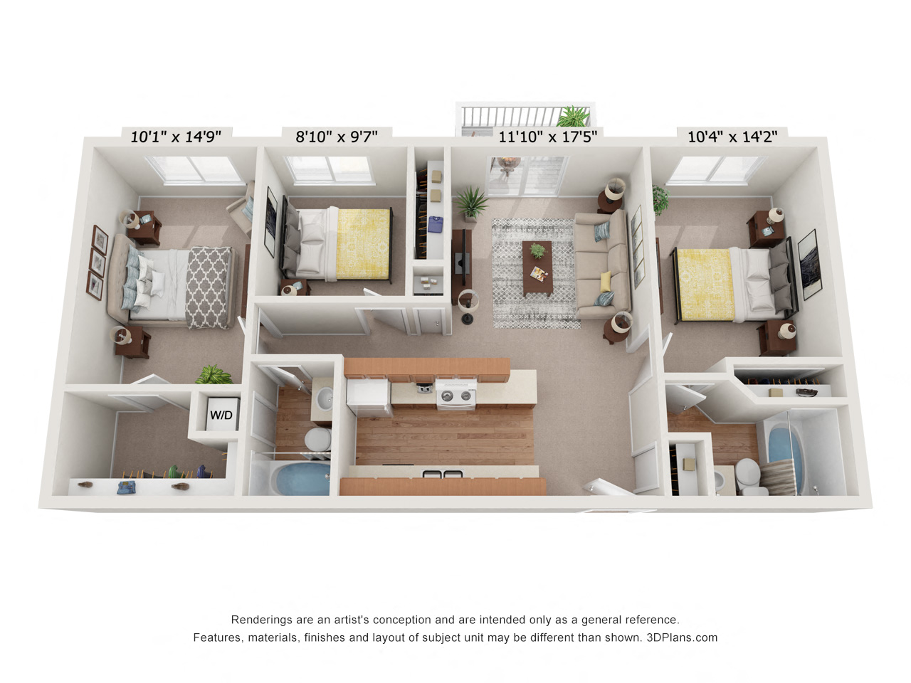 Floor plan for 3 beds, 2 baths, 1016 sqft